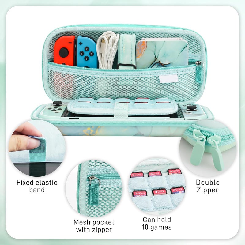 حقيبة حمل RHOTALL لجهاز Nintendo Switch Oled، حقيبة سفر محمولة بقشرة صلبة بتصميم الرخام الأخضر مع غطاء واقي، واقي شاشة، حزام كتف قابل للتعديل وقبعتين للإبهام - Image 3