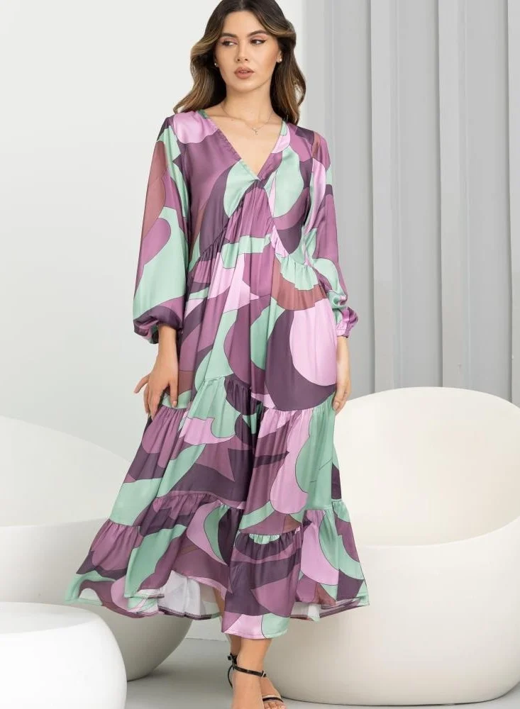 ELVA Women's Elegant Multicolor Satin Maxi Dress – V-Neck, Medium Length, Flowy Summer Dress