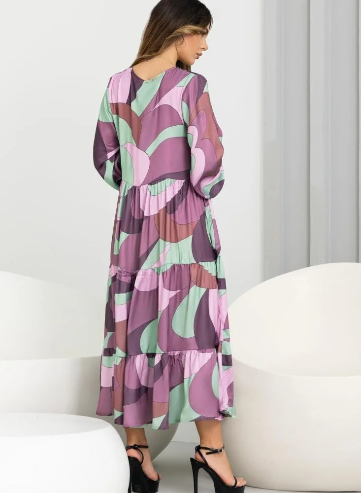 ELVA Women's Elegant Multicolor Satin Maxi Dress – V-Neck, Medium Length, Flowy Summer Dress