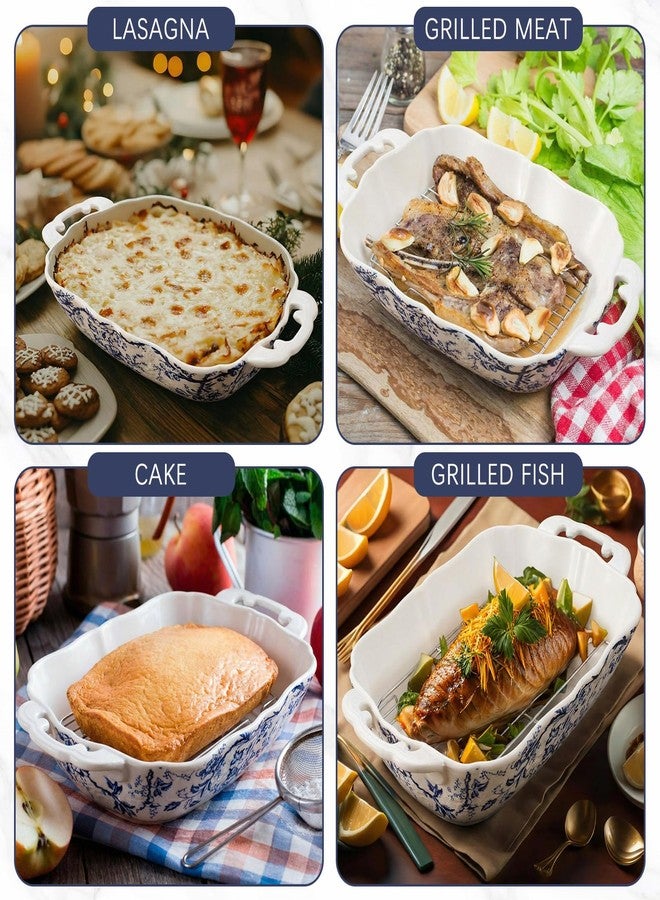Teecyhooo Vintage Casserole Dish 7.3 x 11.8, Ceramic Baking Dish with Oil Drip Rack, 1.26 Qt Blue and White Roasting Pan with Double Handles, Oven Safe and Durable for Baking, Lasagna, Wedding Gift - Image 5