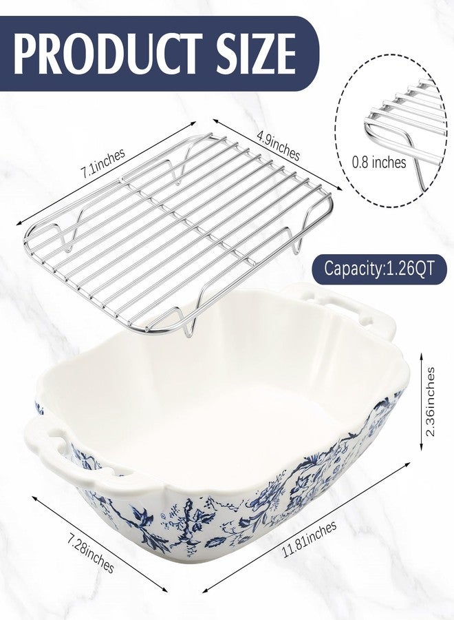 Teecyhooo Vintage Casserole Dish 7.3 x 11.8, Ceramic Baking Dish with Oil Drip Rack, 1.26 Qt Blue and White Roasting Pan with Double Handles, Oven Safe and Durable for Baking, Lasagna, Wedding Gift - Image 2