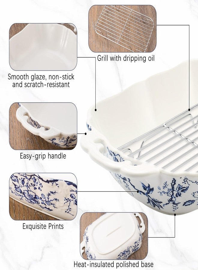 Teecyhooo Vintage Casserole Dish 7.3 x 11.8, Ceramic Baking Dish with Oil Drip Rack, 1.26 Qt Blue and White Roasting Pan with Double Handles, Oven Safe and Durable for Baking, Lasagna, Wedding Gift - Image 3