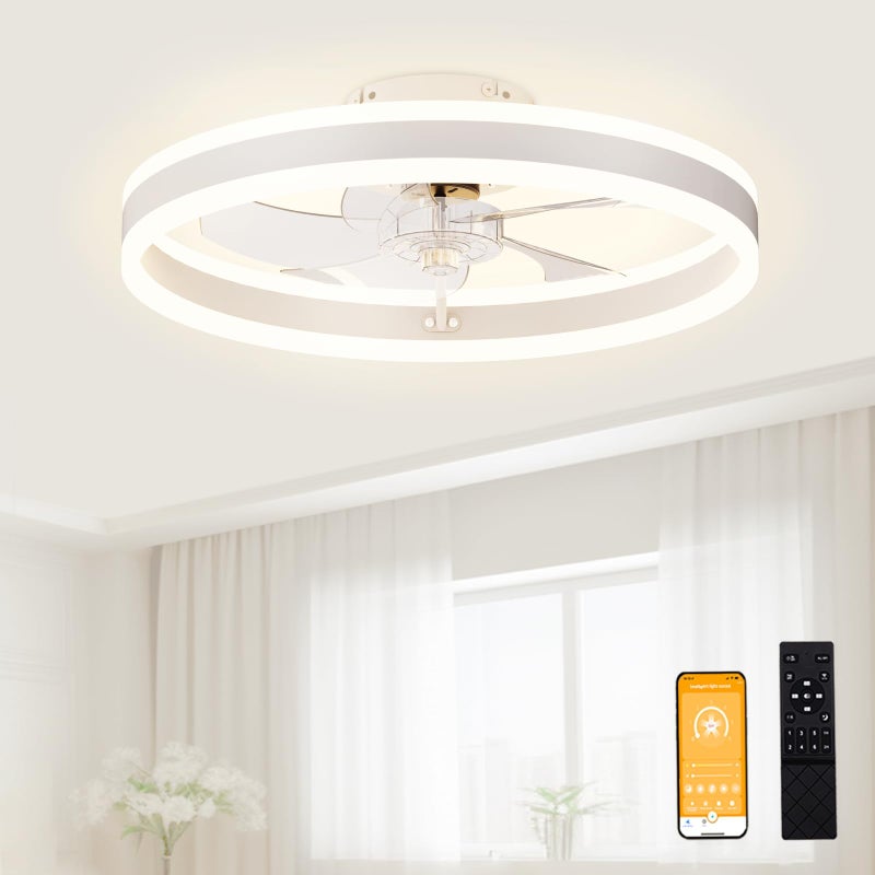 VOLISUN Low Profile Ceiling Fans with Lights and Remote 197in Flush Mount Ceiling Fans with Light 3000K6500K Dimmable Fandelier LED Fan Light White Bladeless Ceiling Fans with Lights for Bedroom