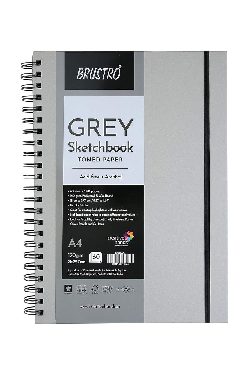 BRUSTRO دفتر رسم - ورق رمادي | A4، 120 GSM | 60 ورقة/120 صفحة | مجلد، حلزوني، ورق فاخر، خالي من الأحماض، مثالي للوسائط الجافة، فن الماندالا، الجرافيت، الفحم، أقلام الألوان، أقلام الجل - Image 1