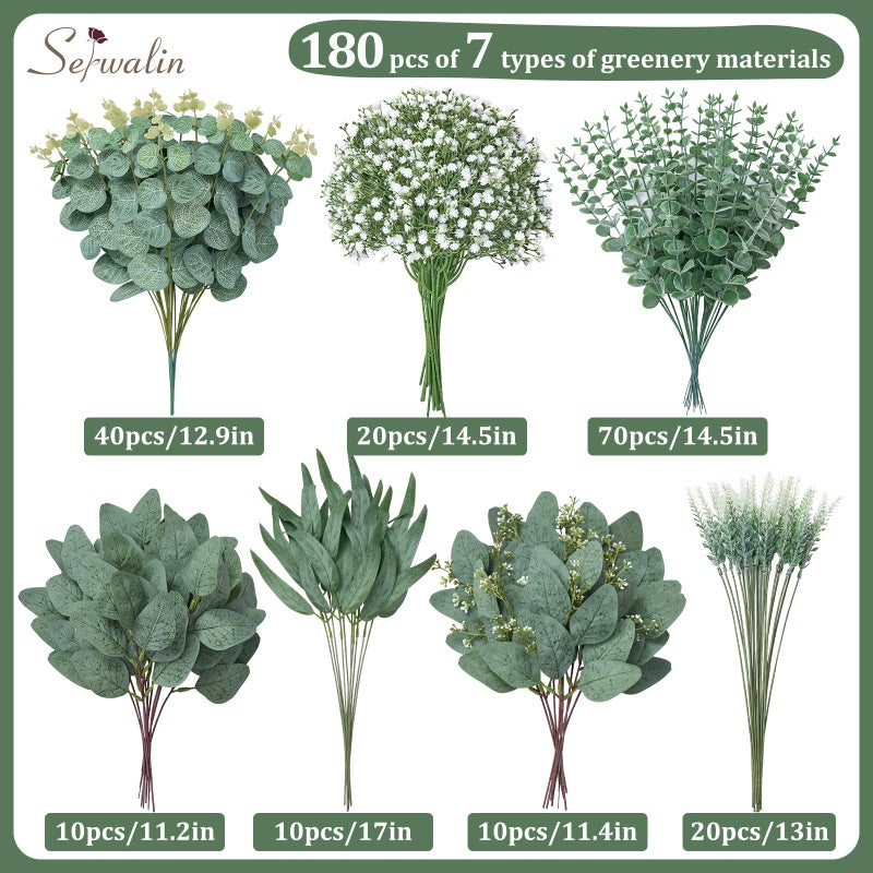 Serwalin 180 Pcs 7 Kinds Mixed Artificial Eucalyptus Greenery Stems Bulk, Baby Breath Flowers Artificial with Faux Leaves Picks for DIY Bouquets Wedding Floral Centerpieces Vase Table Home Decor - Image 2