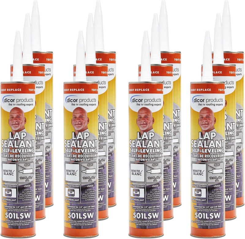 Dicor 501LSW-1 HAPS-Free Self-Leveling Lap Sealant for Horizontal Surfaces - 10.3 Oz, White, Secure, Ideal for RV Roofing, Maintenance, Repair, Appliance Application (12 Pack) - Image 1