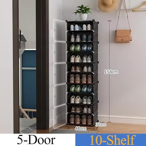 Zemic 𝟏𝟎 𝐒𝐡𝐞𝐥𝐟 Shoe Rack Plastic & 𝐏𝐥𝐚𝐬𝐭𝐢𝐜 𝐒𝐡𝐨𝐞 𝐑𝐚𝐜𝐤 𝐟𝐨𝐫 𝐇𝐨𝐦𝐞 Storage Plastic Organizer with Door for Entryway, Chappal Slipper Sandals Stand【Black, 10-Shelf-5-Door】 - Image 2