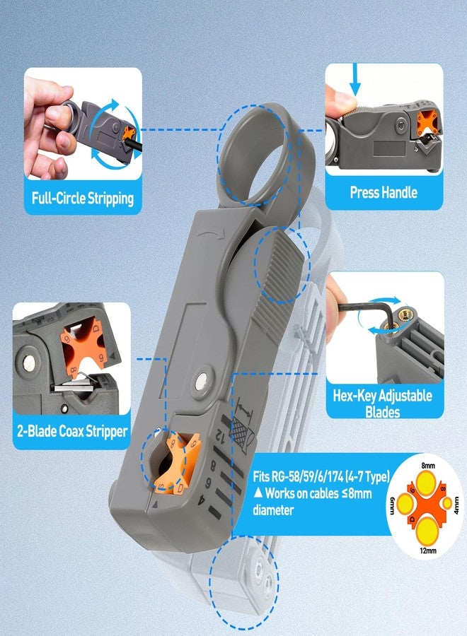 ZOERAX Coax Cable Crimper Kit for RG59 RG6, 3-in-1 Coaxial Tool Set, Includes Stripper & 20PCS F Connectors, Compatible with RG11/RG7, for Satellite TV, Home Theater & Network Cabling - Image 3