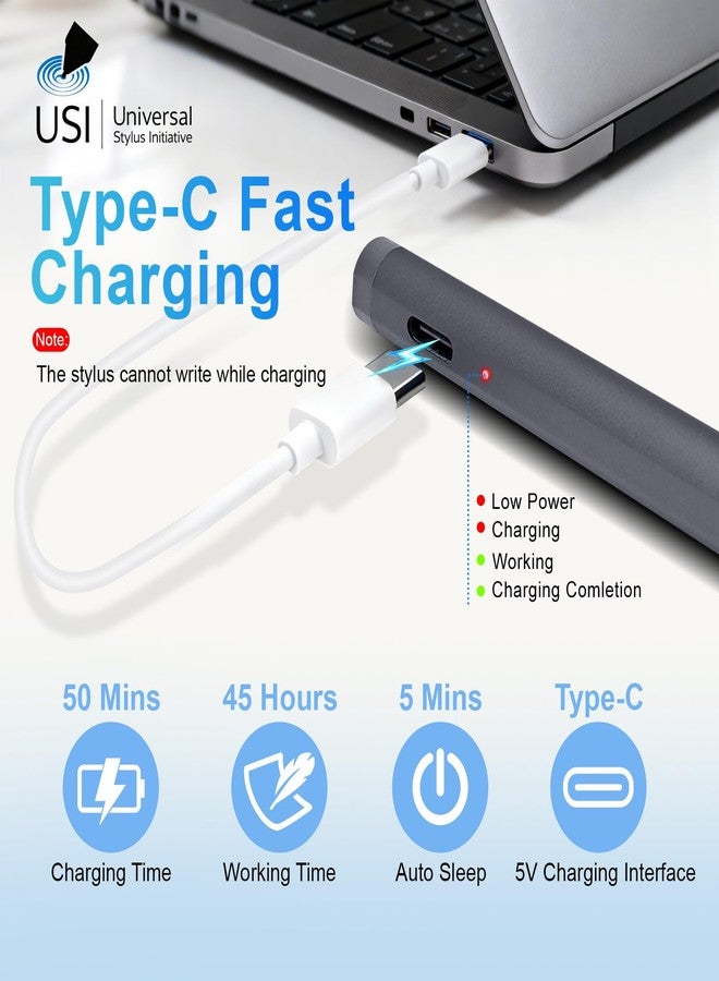 ايفاتش قلم EVACH USI 2.0 للأجهزة اللوحية Chromebook، مزود بخاصية الشحن السريع، وقلم مضاد لراحة اليد، متوافق مع أجهزة Chromebook مثل Acer Spin وASUS Flip وLenovo Duet/IdeaPad/Flex وAmazon Fire Max 11/Fire HD 10 وGoogle Pixel، باللون الرمادي. - Image 4