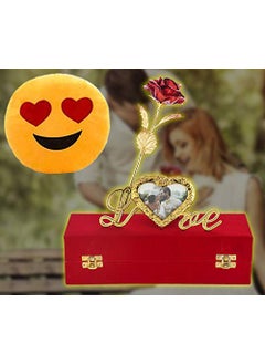 INTERNATIONAL GIFT INTERNATIONAL GIFT Red Rose Flower 25 cm with Photo Frame Love Stand with Luxury Red Gift Box Packing with Emoji Heart Smiley PillowCushions 