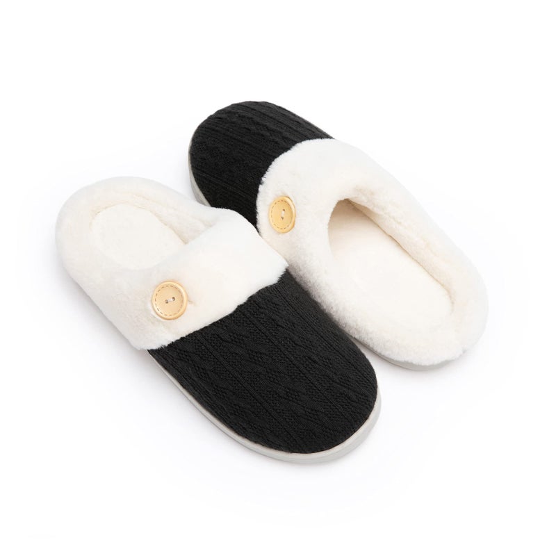 Chantomoo Womens Slipper Warm Comfy Memory Foam House Slippers Knitted Shoes Faux Fur Lined Anti-Skid Rubber Sole Bedroom Cozy Indoor Outdoor Slippers Black Size 9 10 8.5 - Image 1