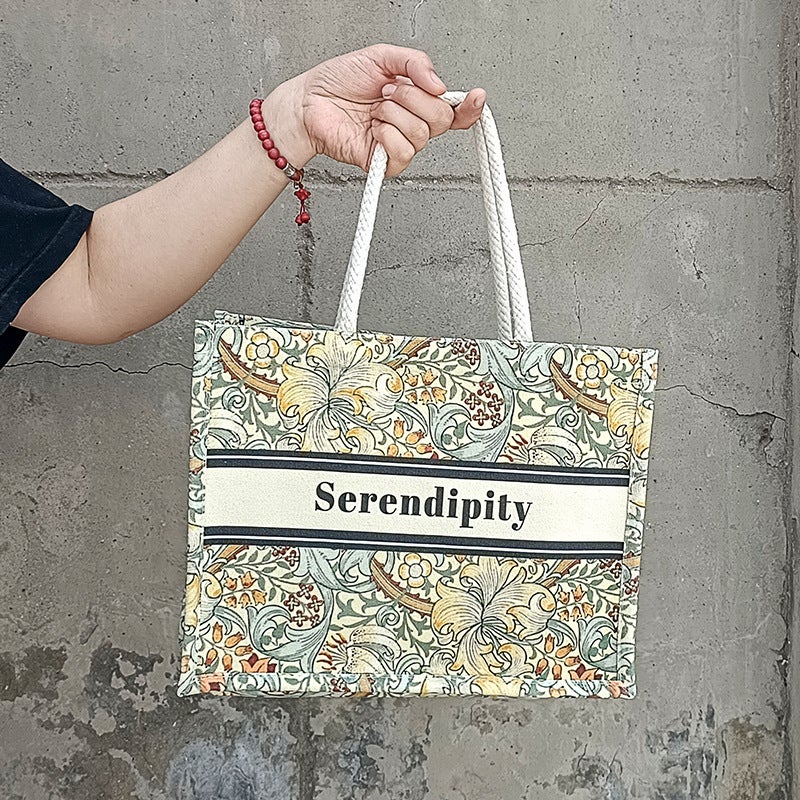 Artistic Ins Style Double-Sided Floral Shoulder Cotton Bag Portable Canvas Tote Bag Women'S Portable Outgoing Crossbody Bag - Image 3