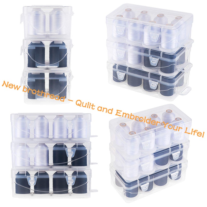 New brothread Polyester Embroidery Machine Thread 1000m Each with Clear Plastic Storage Box for Embroidery & Quilting - 4xSnow White+4xBlack - Image 5
