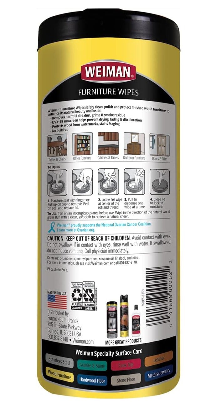 Weiman Furniture Wipes 30 Count – Wood Cleaner & Polish Wipes, Removes Dust, Dirt & Grime, Protects & Restores Shine, Safe for Tables, Cabinets & Finished Wood Surfaces - Image 5