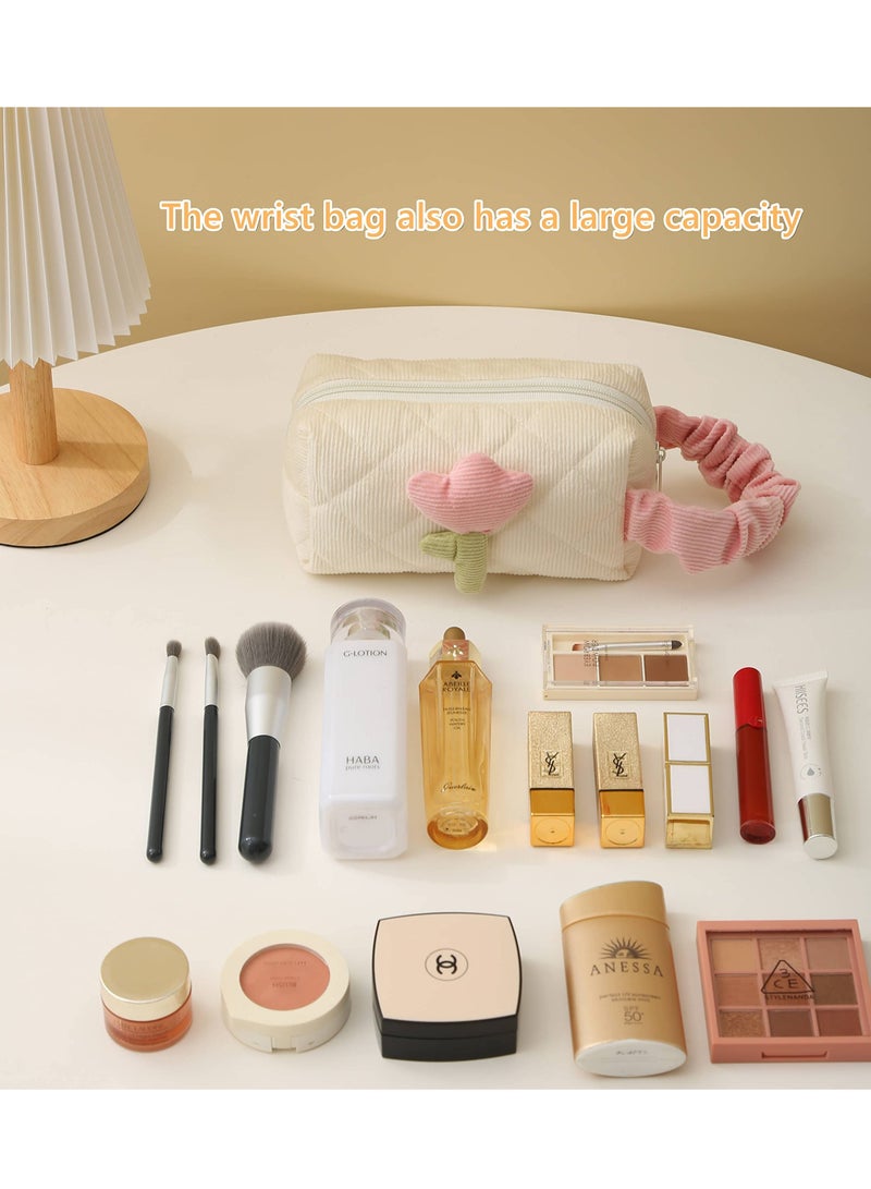 KASTWAVE Corduroy Makeup Bag Set Cosmetic Bag, Organizer  Large Bucket Bag with Bandbag Makeup Pouch for Women Girls,travel Organizer Compliant Bag for Women Girls Gift（Cream White) 2pack - Image 3