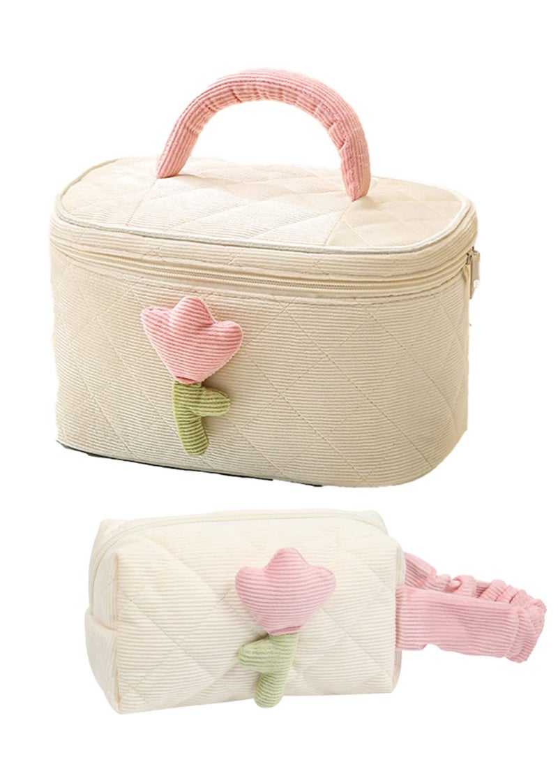 KASTWAVE Corduroy Makeup Bag Set Cosmetic Bag, Organizer  Large Bucket Bag with Bandbag Makeup Pouch for Women Girls,travel Organizer Compliant Bag for Women Girls Gift（Cream White) 2pack - Image 1