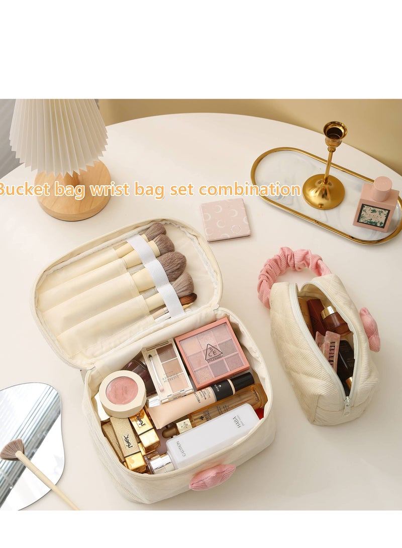 KASTWAVE Corduroy Makeup Bag Set Cosmetic Bag, Organizer  Large Bucket Bag with Bandbag Makeup Pouch for Women Girls,travel Organizer Compliant Bag for Women Girls Gift（Cream White) 2pack - Image 2
