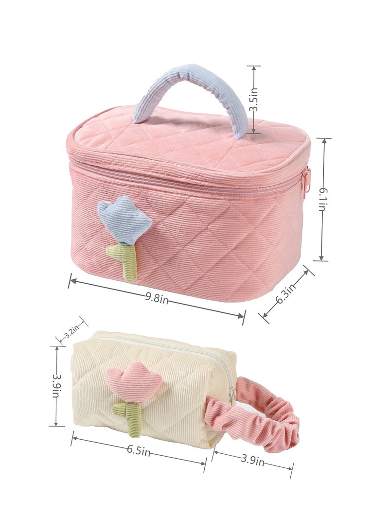 KASTWAVE Corduroy Makeup Bag Set Cosmetic Bag, Organizer  Large Bucket Bag with Bandbag Makeup Pouch for Women Girls,travel Organizer Compliant Bag for Women Girls Gift（Cream White) 2pack - Image 5