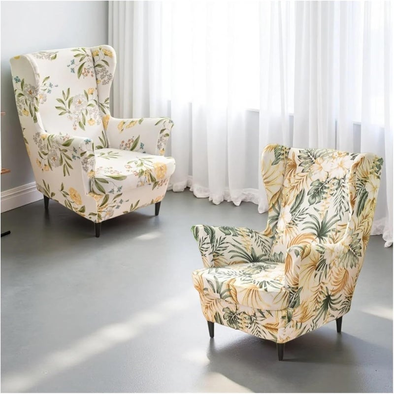 Chair Covers Armchair 2pcs Elastic Floral Printed Wing Back Chair Slipcover Non-Slip Furniture Protector for Bedroom Office(B1 Ottoman Cover) - Image 2