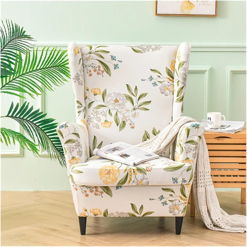 Chair Covers Armchair 2pcs Elastic Floral Printed Wing Back Chair Slipcover Non-Slip Furniture Protector for Bedroom Office(B1 Ottoman Cover) - Image 5