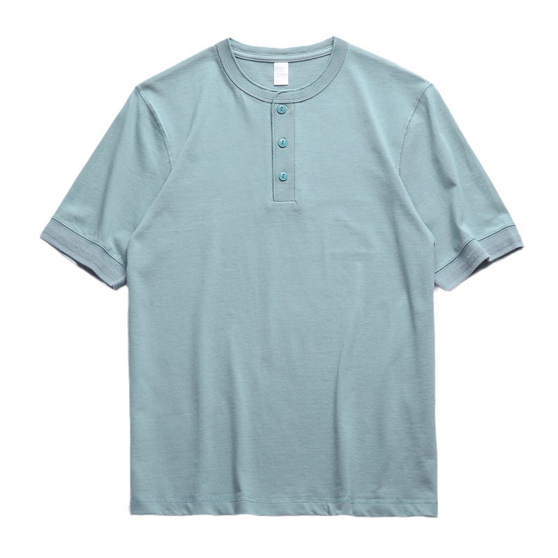 Three Needles American Retro Heavyweight T-Shirt Men'S Ami Khaki Pure Cotton White T-Shirt Henry Collar Men'S Short Sleeves - Image 1