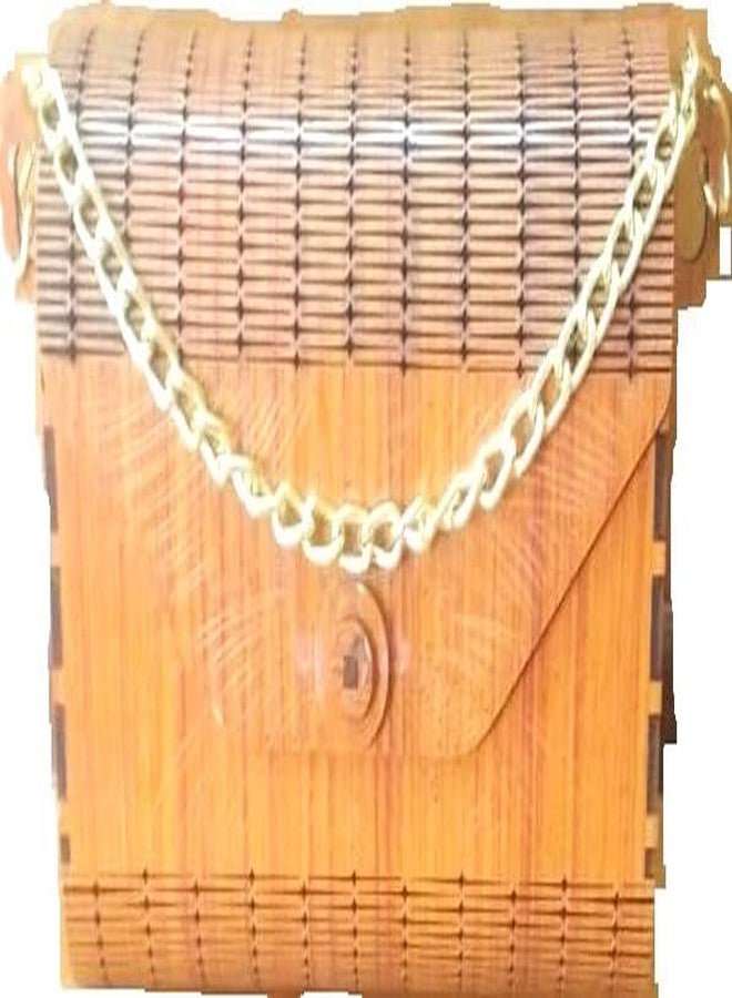 Vintage Wooden Clutch Purse with Golden look Chain Handle, Bamboo Pattern Design - Image 1