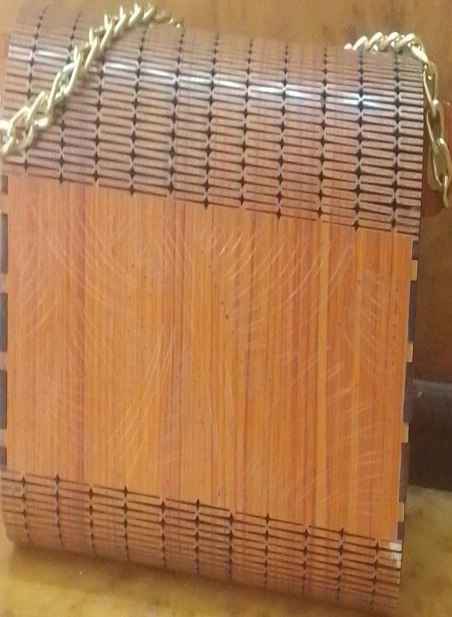 Vintage Wooden Clutch Purse with Golden look Chain Handle, Bamboo Pattern Design - Image 2