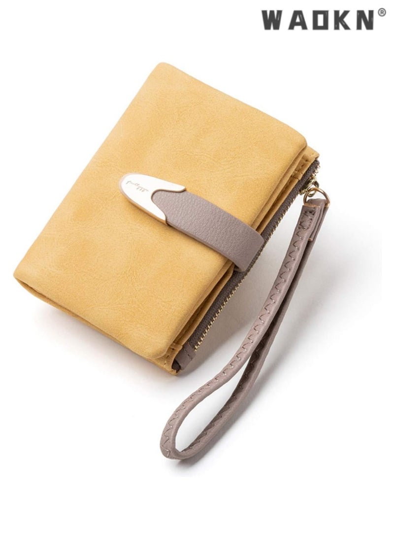 WAOKN Exclusively Crafted for Women: RFID Shielded Small Bifold Wallet, Portable Wristlet Pouch, Zippered Coin Compartment, Chic Yellow Version - Image 1