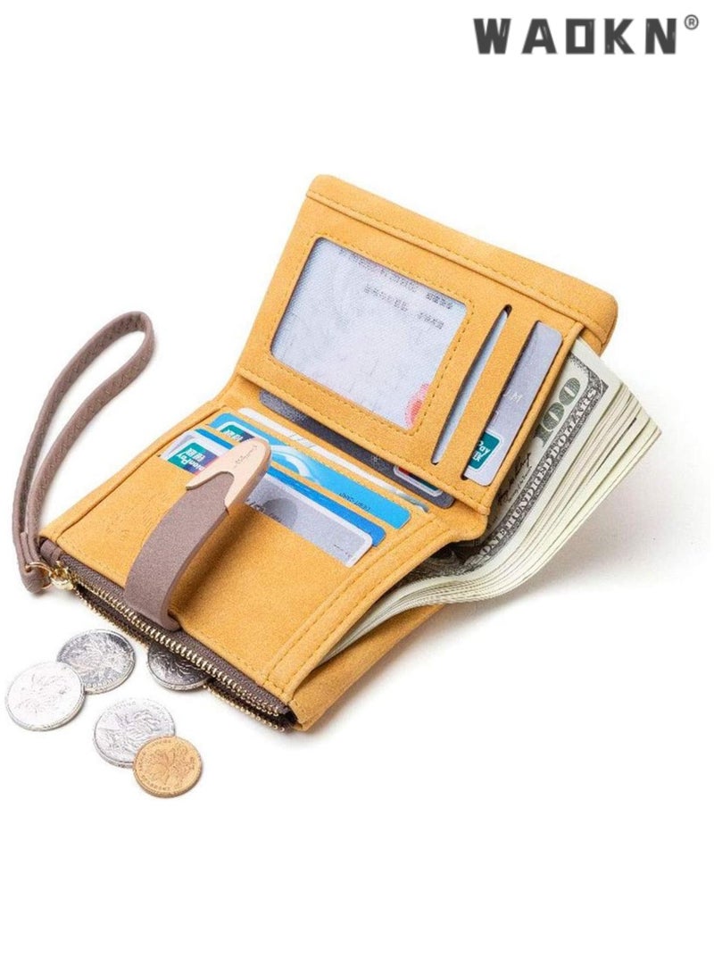 WAOKN Exclusively Crafted for Women: RFID Shielded Small Bifold Wallet, Portable Wristlet Pouch, Zippered Coin Compartment, Chic Yellow Version - Image 2