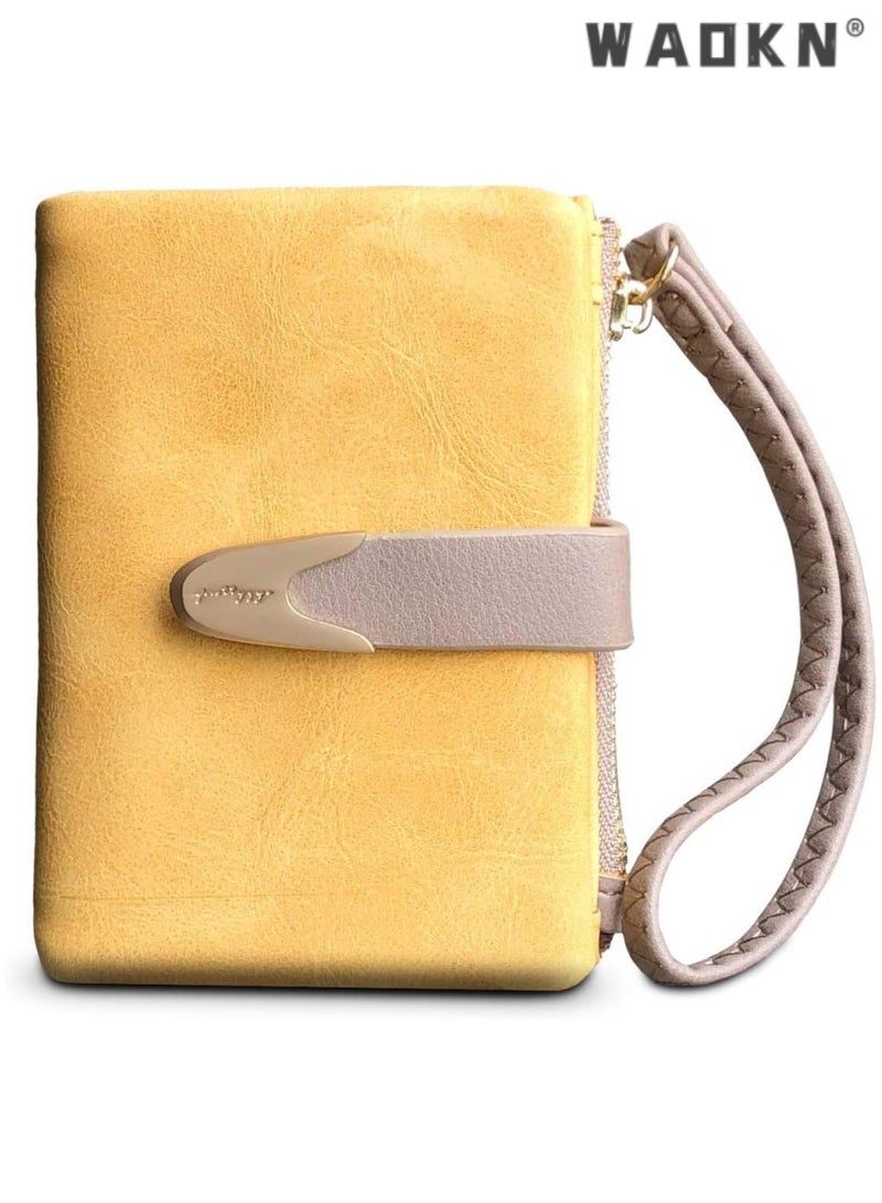 WAOKN Exclusively Crafted for Women: RFID Shielded Small Bifold Wallet, Portable Wristlet Pouch, Zippered Coin Compartment, Chic Yellow Version - Image 5
