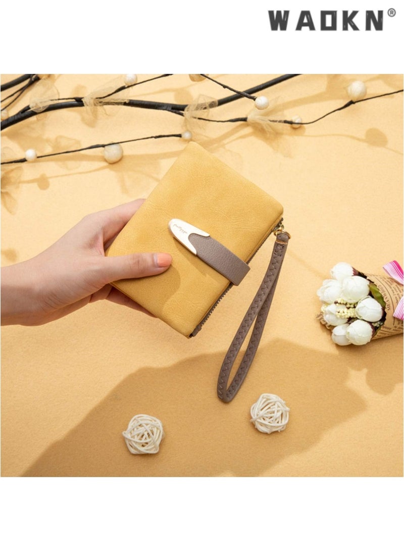 WAOKN Exclusively Crafted for Women: RFID Shielded Small Bifold Wallet, Portable Wristlet Pouch, Zippered Coin Compartment, Chic Yellow Version - Image 3
