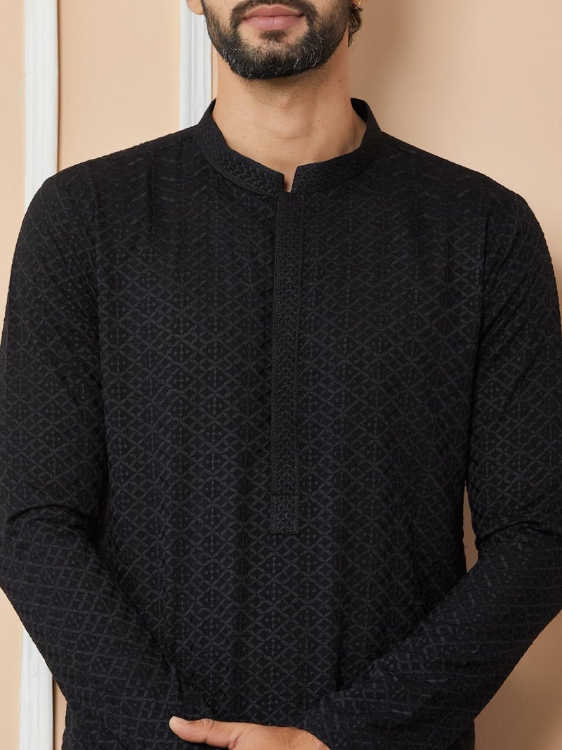 See Designs Men's Long Sleeve Mandarin Collar Side Slit Black Embroidered Chikankari Rayon Straight Kurta - SDKT2565M - Image 4