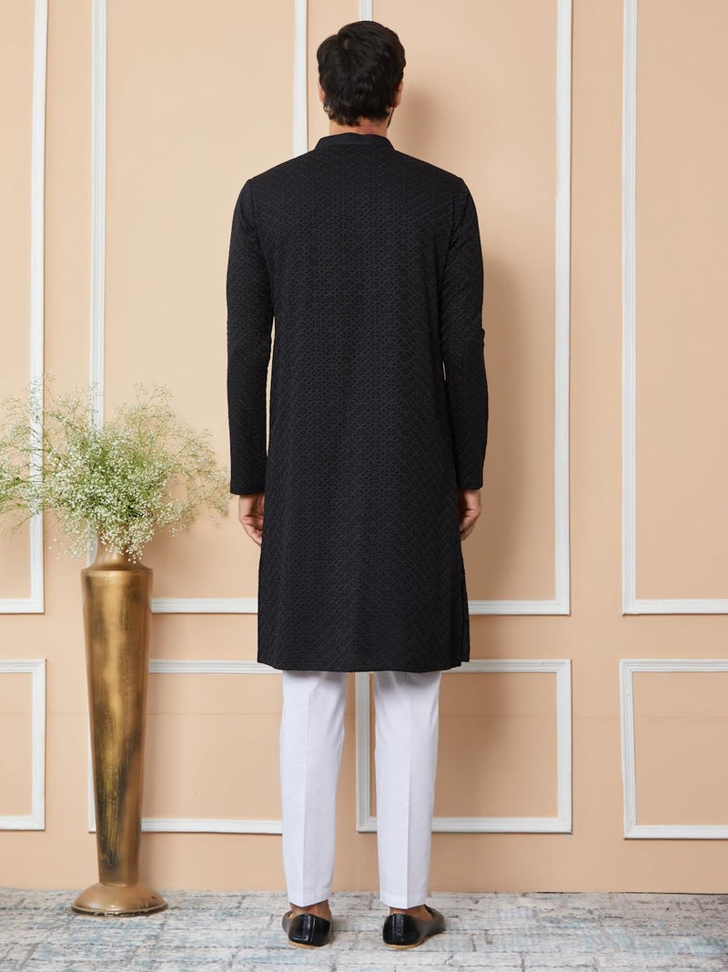 See Designs Men's Long Sleeve Mandarin Collar Side Slit Black Embroidered Chikankari Rayon Straight Kurta - SDKT2565M - Image 3
