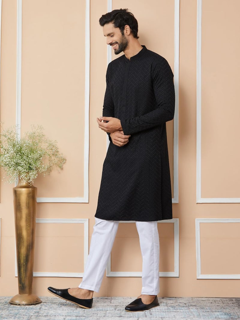 See Designs Men's Long Sleeve Mandarin Collar Side Slit Black Embroidered Chikankari Rayon Straight Kurta - SDKT2565M - Image 2