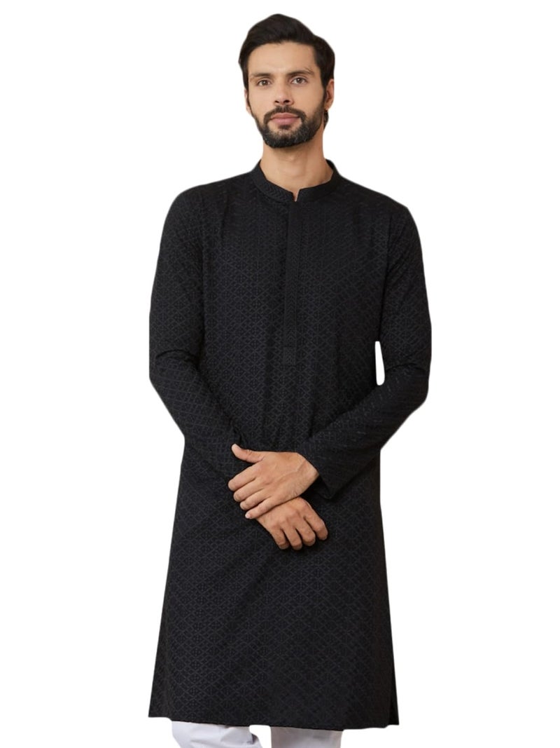 See Designs Men's Long Sleeve Mandarin Collar Side Slit Black Embroidered Chikankari Rayon Straight Kurta - SDKT2565M - Image 1