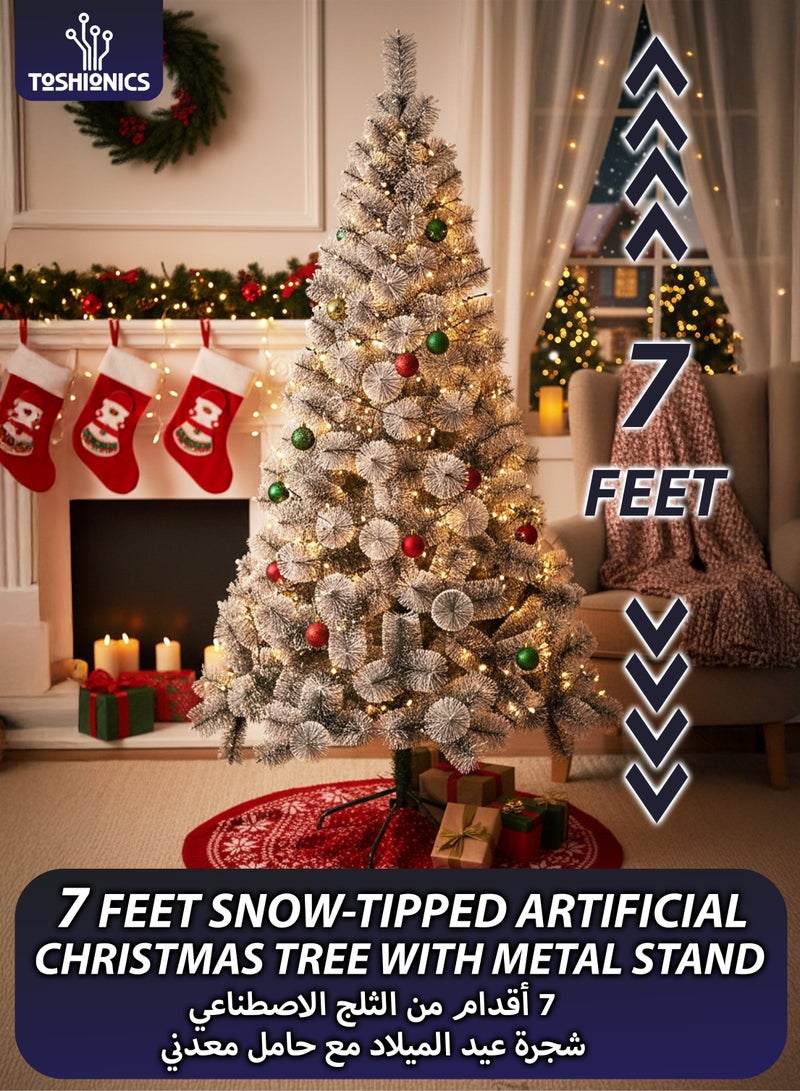 Toshionics 2.10M/7ft Artificial Ornamental Christmas Tree Fir Pine Fluffy Green with Snow on Tips with Metal Stand Perfect for Holiday Xmas Home Office Parties Decorations and New Year Party Indoor Outdoor Festival Celebration, Easy to Assemble - Image 1