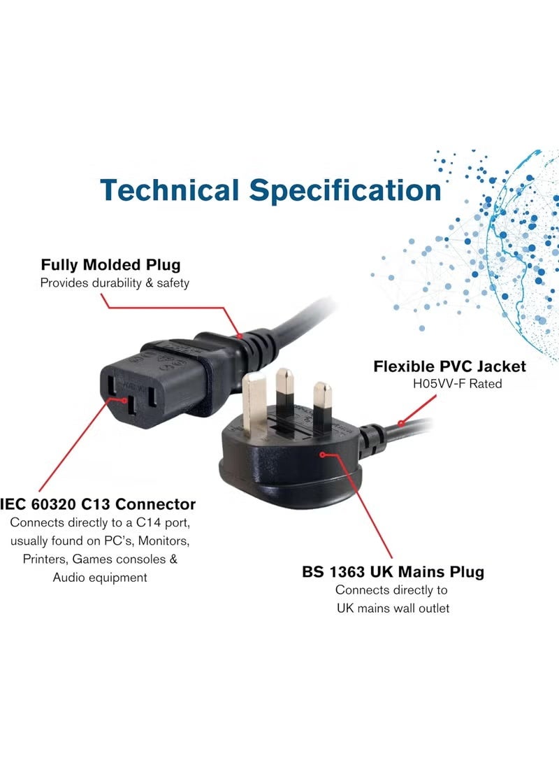 UK 3-Pin Power Cable 1.5M — IEC C13 Kettle Lead with Fuse — Compatible with Desktop PC, Monitor, Printer, TV, UPS, Server — Black - Image 2