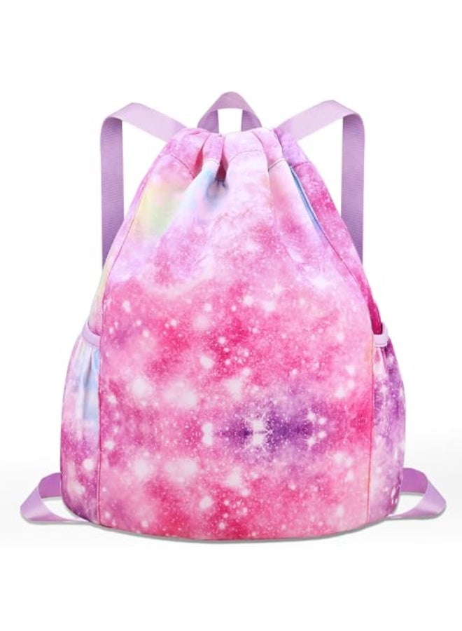 Luchike Drawstring Backpack for Kids - Girls Dance Bag,Sport Gym Beach Swim Travel Daypack With Two Water Bottle Holder