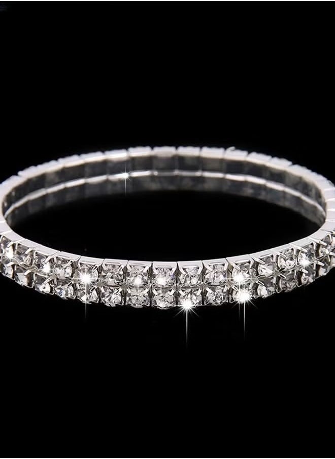 Generic - 4 Pcs Rhinestone Choker Bracelet Ring Earrings Studs Set Double Row Round Diamond Collar Necklace Bridal Evening Dress Accessories for Women Silver/Clear - Image 1