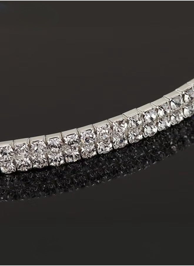 Generic - 4 Pcs Rhinestone Choker Bracelet Ring Earrings Studs Set Double Row Round Diamond Collar Necklace Bridal Evening Dress Accessories for Women Silver/Clear - Image 1