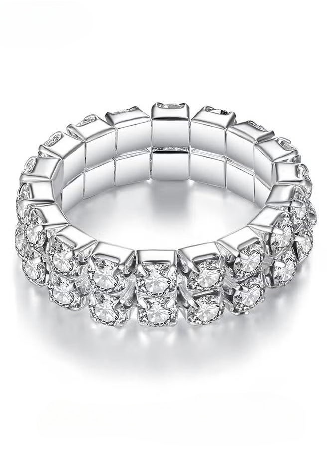 Generic - 4 Pcs Rhinestone Choker Bracelet Ring Earrings Studs Set Double Row Round Diamond Collar Necklace Bridal Evening Dress Accessories for Women Silver/Clear - Image 1