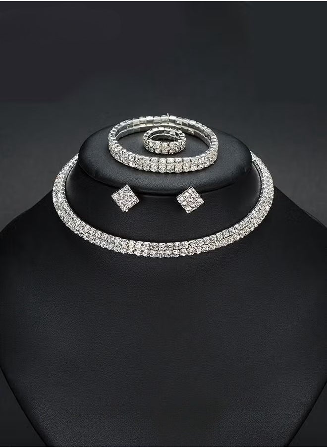 Generic - 4 Pcs Rhinestone Choker Bracelet Ring Earrings Studs Set Double Row Round Diamond Collar Necklace Bridal Evening Dress Accessories for Women Silver/Clear - Image 1