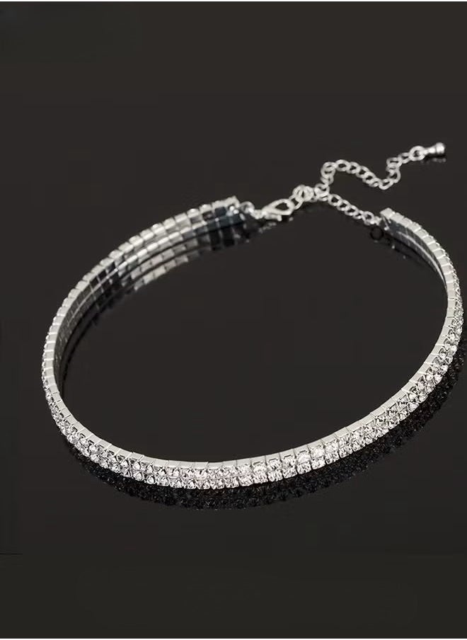 Generic - 4 Pcs Rhinestone Choker Bracelet Ring Earrings Studs Set Double Row Round Diamond Collar Necklace Bridal Evening Dress Accessories for Women Silver/Clear - Image 1