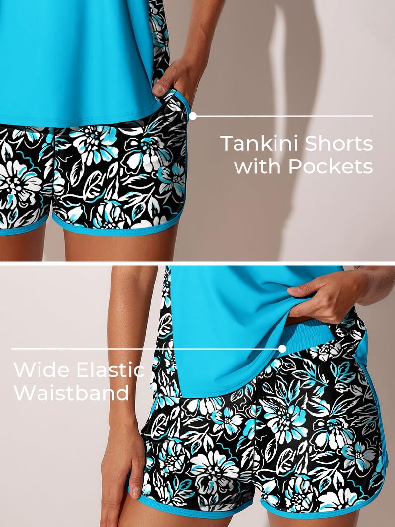 Summer Mae Plus Size Tankini Swimsuits for Women 2026 Tummy Control Two Piece Bathing Suits with Pockets Swim Shorts Black Floral Sketch Size 20 Plus - Image 4