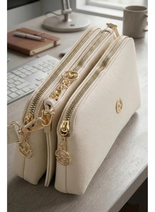 Women's Melisa Cream 3-Compartment Small Size Zipper-Closure Adjustable Strap Hand, Arm, and Shoulder Bag.