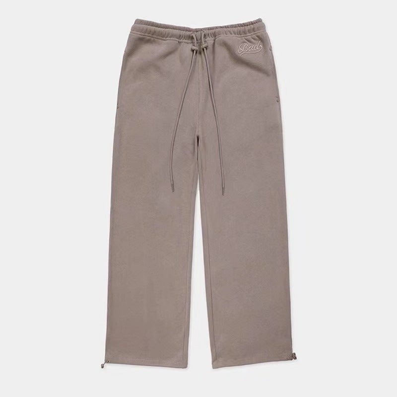 South Korea badblood Letter Embroidered Drawstring Sweat Pants Womens Loose Sports Casual Straight Pants Fashion Wide Leg Pants Tan 