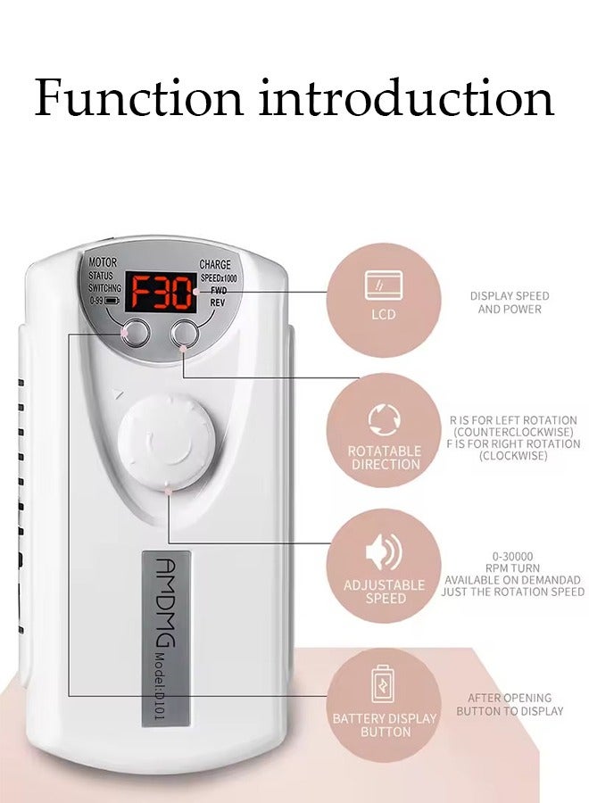DUNISO مثقاب أظافر 30000 دورة في الدقيقة مع شاشة، مبرد أظافر كهربائي أكريليك، أظافر جل، مانيكير، مثقاب أظافر محمول لصقل وتلميع الأظافر في المنزل والصالون، أبيض - Image 4
