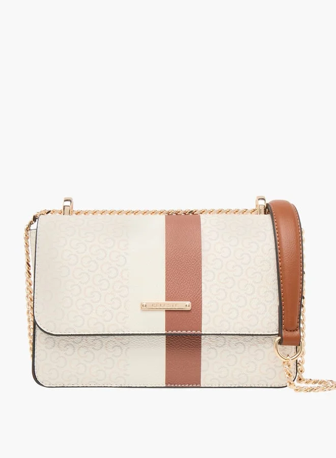 سيليست Monogram Print Crossbody Bag with Flap Closure and Chain Strap