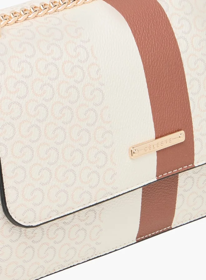 سيليست Monogram Print Crossbody Bag with Flap Closure and Chain Strap