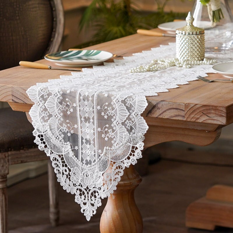 SUTAVIA White Lace Table Runner Exquisite Embroidery Floral Rectangular Elegant Dresser Scarf Shabby Chic Rustic Decoration for Home Kitchen Holiday Wedding Party Living Room (White, 13"x60") - Image 5